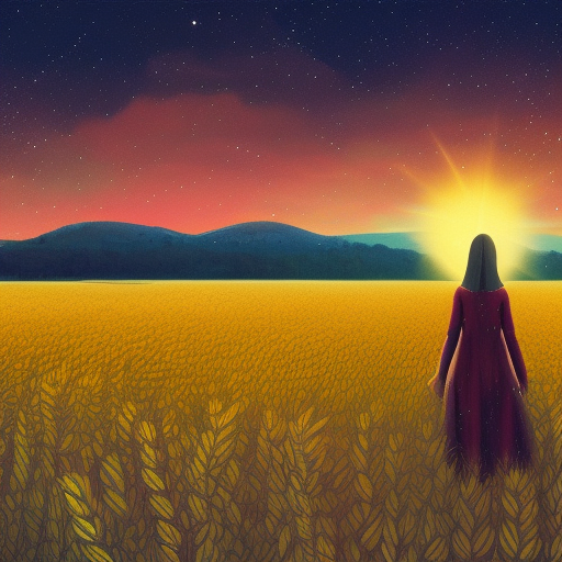 giant sunflower as a head, girl walking in wheat field, hills, surreal photography, dark night, star trails, dramatic light, impressionist painting, clouds, digital painting, artstation, simon stalenhag