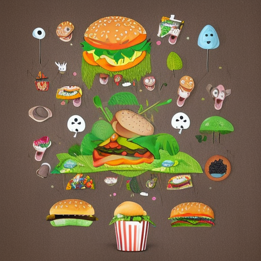 A whimsical forest in the style of Tim Burton, where all the trees and plants are made of different popular fast food items like burgers, fries, and fried chicken, and all the animals are dressed as characters from Alice in Wonderland.