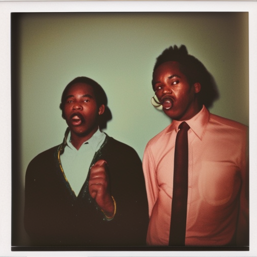 Long shot, vintage color Polaroid photograph of two African American men smoking in a cheap apartment by Andy Warhol, 1978. Published in Paris Review. Photorealistic