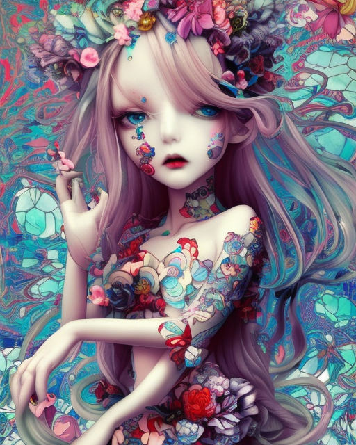 james jean isolated deepdream vinyl figure harajuku style boy girl character design, figure photography, dynamic pose, holographic undertones, glitter accents on figure, anime stylized, accurate fictional proportions, high delicate defined details, ethereal lighting