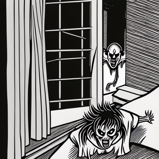 the devil crawling into a dark bedroom through the window, in the style of junji ito


