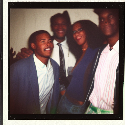 Long shot, black male at basement party, early 90s, flash photography, polaroid