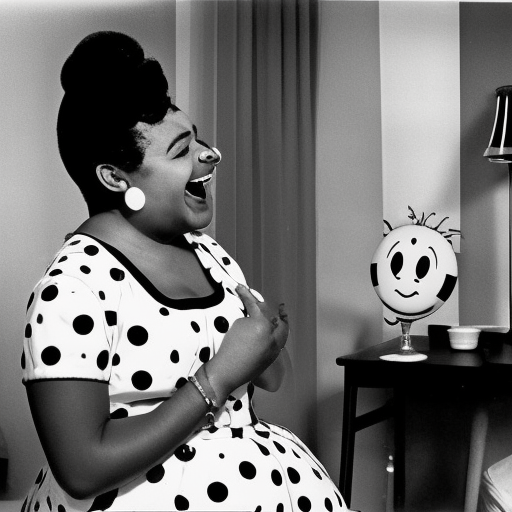 African American housewife meets a smiley inflatable toy in a seedy motel room, 1962 color Fellini film, ugly motel room with dirty walls and old furniture, archival footage, technicolor film, 16mm, live action, John Waters, wacky comedy