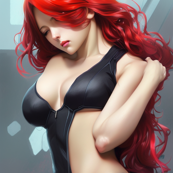 seductive anime girlnas Scarlet Johanson Black widow l, hourglass slim figure, red hair hair, attractive features, tight fitted tank top, body portrait, slight smile, highly detailed, digital painting, artstation, concept art, sharp focus, illustration, art by WLOP and greg rutkowski and alphonse mucha and artgerm