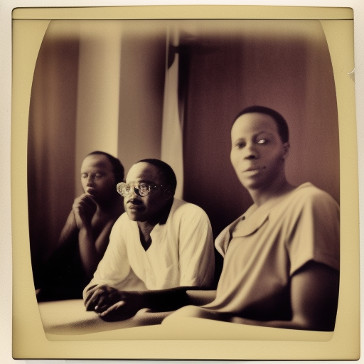African American beat writers sitting and talking in cheap hotel in Morroco, vintage Polaroid photography by Andy Warhol, documentary style 