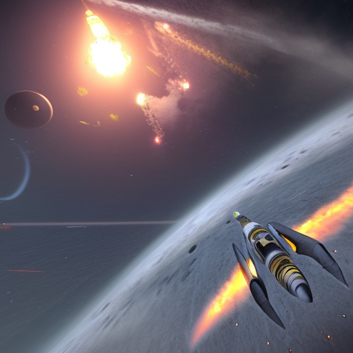 discovery freelancer wiki, asteroids, battleships, fighters, fight, rockets, missiles, nuclear bomb, debris, 8k, photorealistic, space war, space fight, stratosphere war, exploding fighters, exploding debrises, 22 years old girl, piloting spaceship, screaming, engine trails, bullet tracers, superrealistic smoke