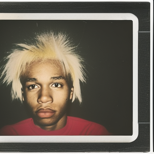 Cheap polaroid of African American male with blonde hair watching tv by Andy Warhol. Photorealistic. Film grain. Full color