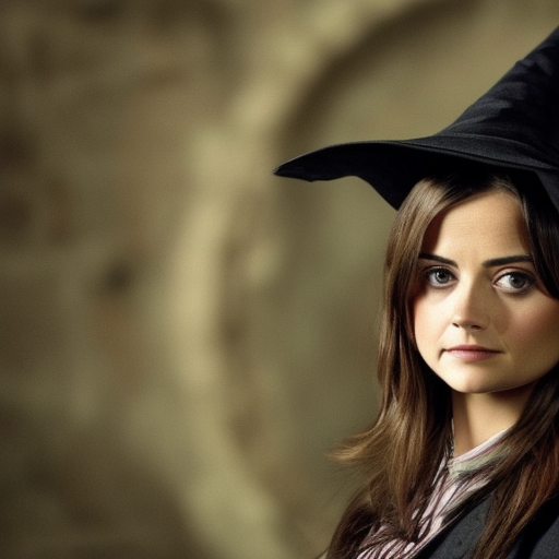 Jenna Coleman as a beautiful young witch with big dark eyes in the world of harry potter photograph photorealistic