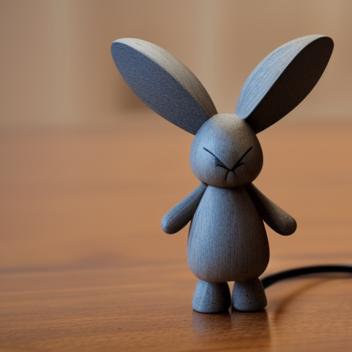 Wooden rabbit in a headset at desk