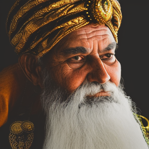 A portrait of an old avarice / avaricious war chief wearing an ornate golden turbin on his head, intricate jewelry, full beard, thick wrinkles, 50mm portrait photography, hard rim light

