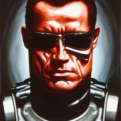 realistic photograph of the t-800 terminator painting a self portrait