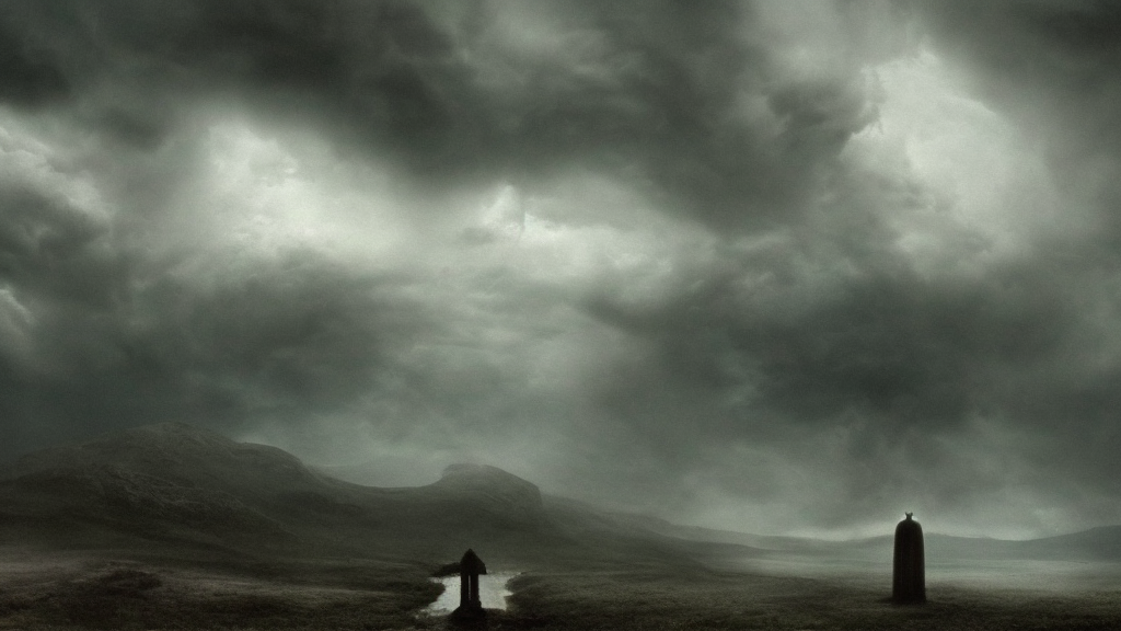 eerie, greek fantasy landscape, a giant translucent shining ghost face in the stormy clouds, stanley kubrick movie frame
