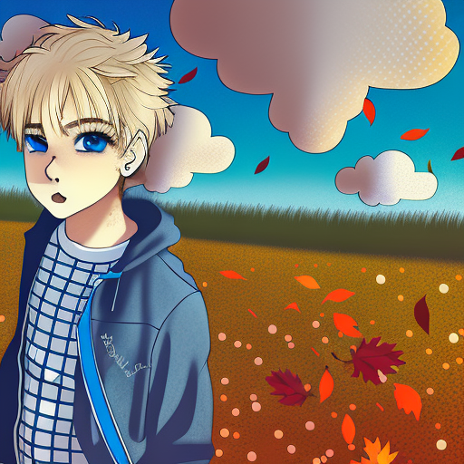 1boy, medium hair, blonde hair, blue eyes, bishounen, colorful, autumn, cumulonimbus clouds, lighting, blue sky, falling leaves, garden