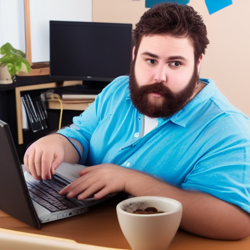 young man, chubby, short beard, scruffy brown hair, smoking weed, computer chair