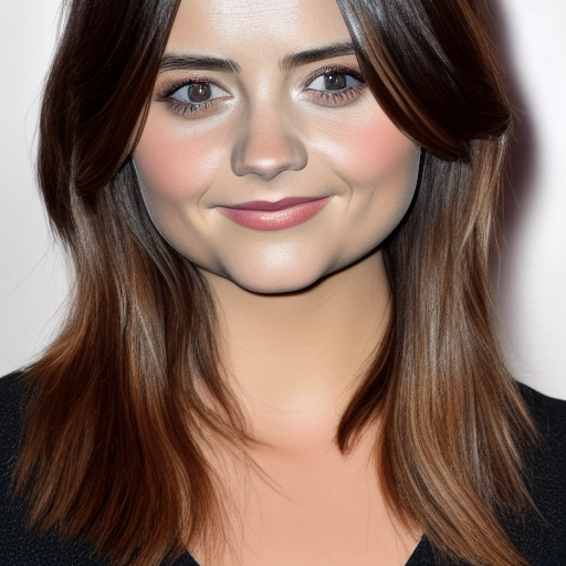 Jenna Coleman smiling, beautiful portrait, beautiful bone structure, symmetrical facial features, big eyes, retrousse nose, strong eyebrows, dimples, photo, photorealistic, long flowing hair