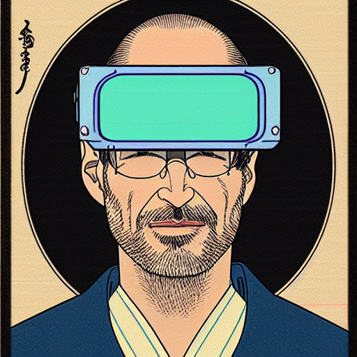 “a hyperreal stylized portrait photograph of Steve Jobs wearing an Augmented Reality visor, in the year 2030, cyberpunk” Ukiyo-e Japanese woodblock