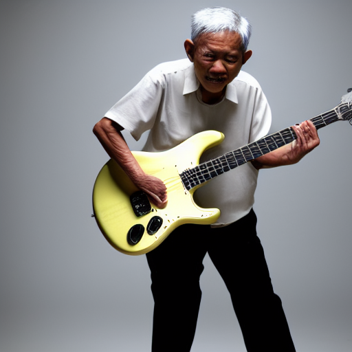 Wise old Malaysian man playing electric guitar rock