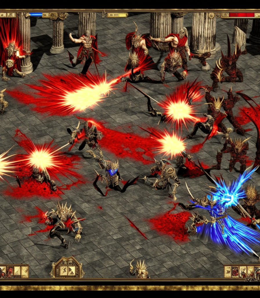 triumphant evil guy beating good guy, battle between good and evil, Path of Exile, Warhammer fantasy, black and red, gold and blue, stained glass, grim-dark, gritty