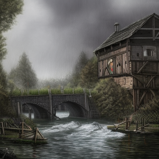 dark medieval, wide rapid river, river lock with sluice, different water levels, Warhammer fantasy, one building, summer, trees, fishing, nets, misty, overcast, Dark, creepy, grim-dark, gritty, Yuri Hill, hyperdetailed, realistic, illustration, high definition, 4K, oil on canvas