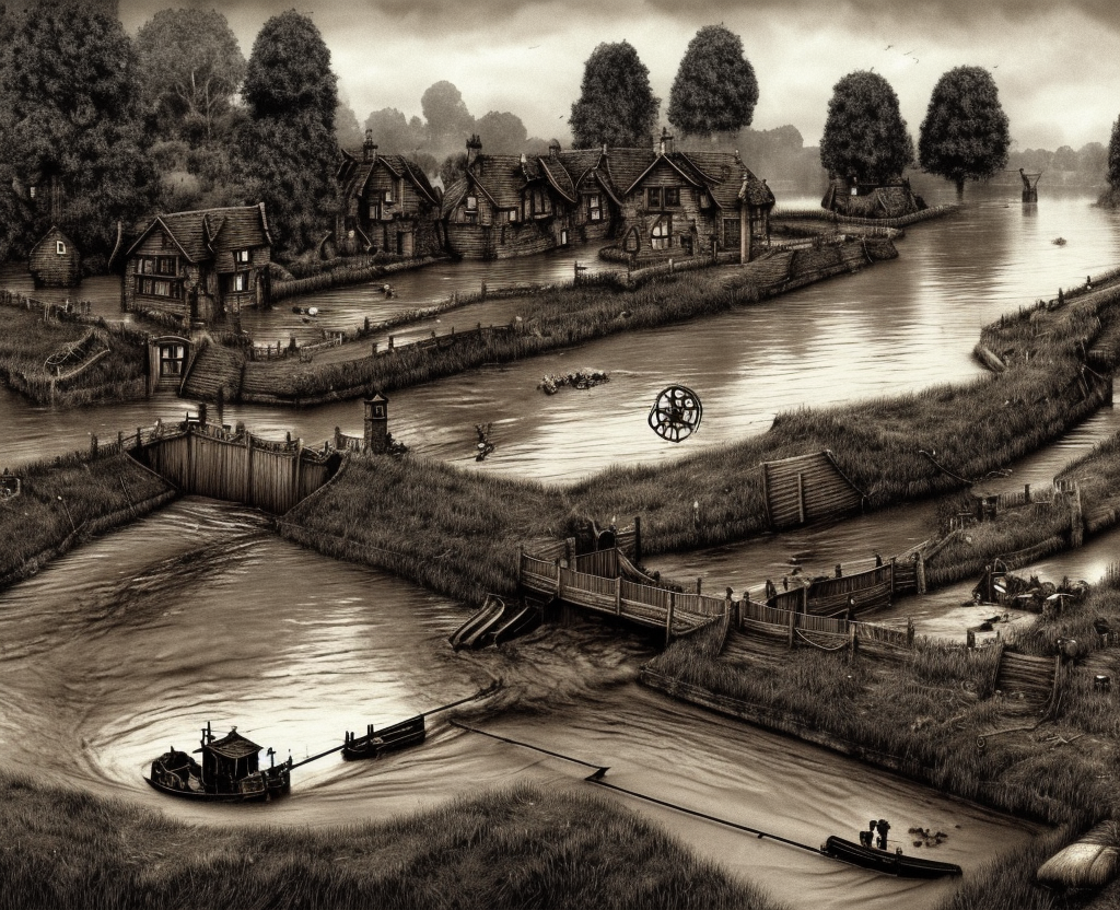 dark medieval wide straight river, lock with 2 sluices, 2 water levels, lock gates, one house, rocks, Warhammer fantasy, summer, bushes, trees, nets, fishing, fish, water-lily, boat, poor, black adder, muddy, puddles, misty, overcast, Dark, creepy, grim-dark, gritty, detailed, realistic, illustration, high definition