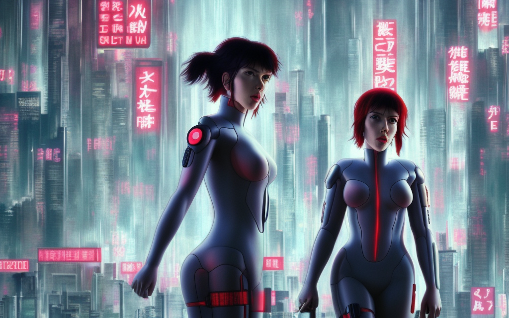 realistic scarlett johansson character from ghost in the shell, falling from the sky through clouds into a futuristic city on fire, with neon billboards of english and japanese characters


