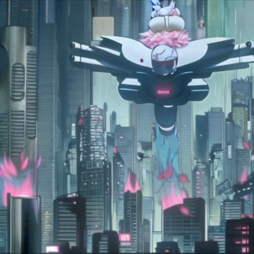 very realistic ghost in the shell flying building made of parts and rubbish on fire being attacked by fluffy bunnies
