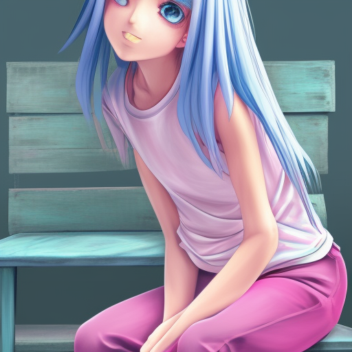 confident girl with silver hair and blue eyes sitting on a wooden chair, wearing pink pants and pink shoes, front view camera , japanese anime style , hard lines , japanese manga style, full body scale official art, detailed painting, digital painting --v 4 --q 2