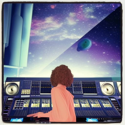 music producer inside a studio on a spaceship with windows showing the vast universe, stars everywhere, beautiful hyper reality