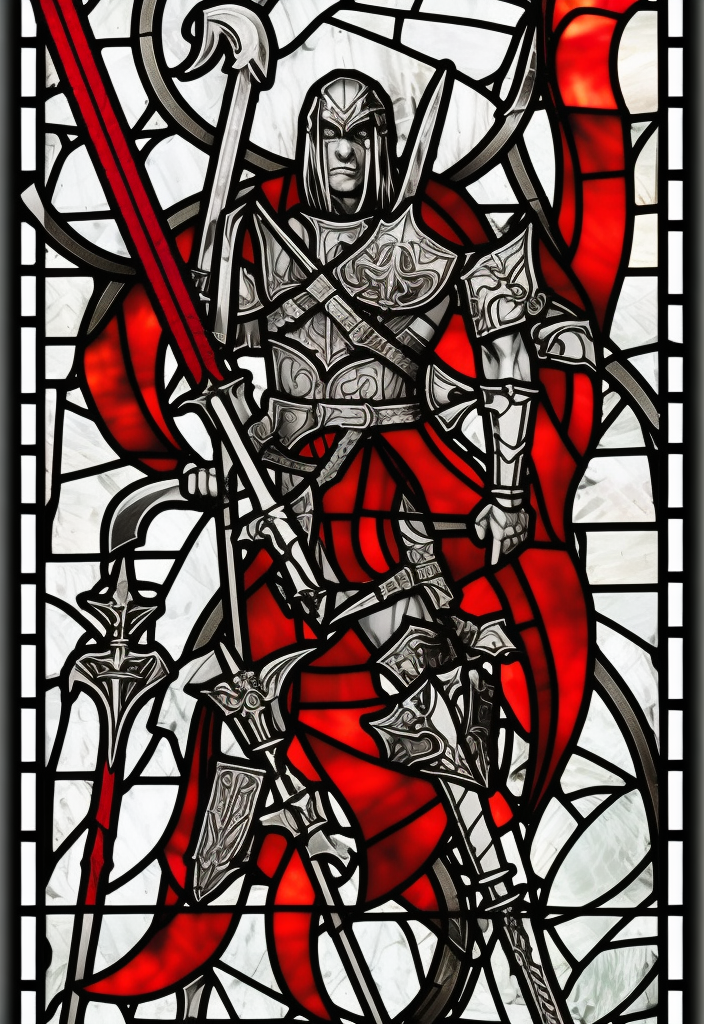 stained glass, a young aggressive evil demonic gladiator with a big demonic sword, Warhammer fantasy, black and red, grim-dark, detailed
