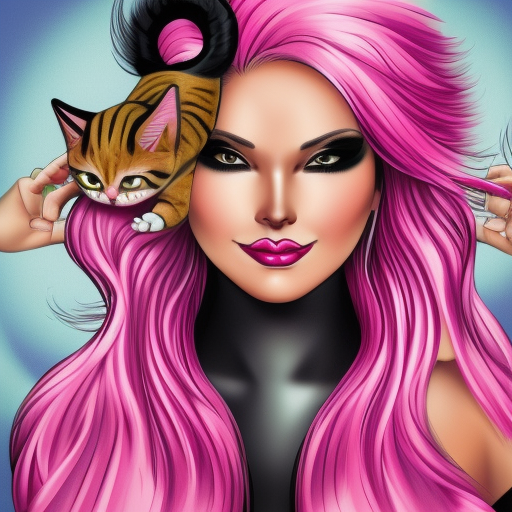 portrait of curvy anthropomorphic cat woman, with long pink hair, cute, high detail, intricate, detailed, realistic