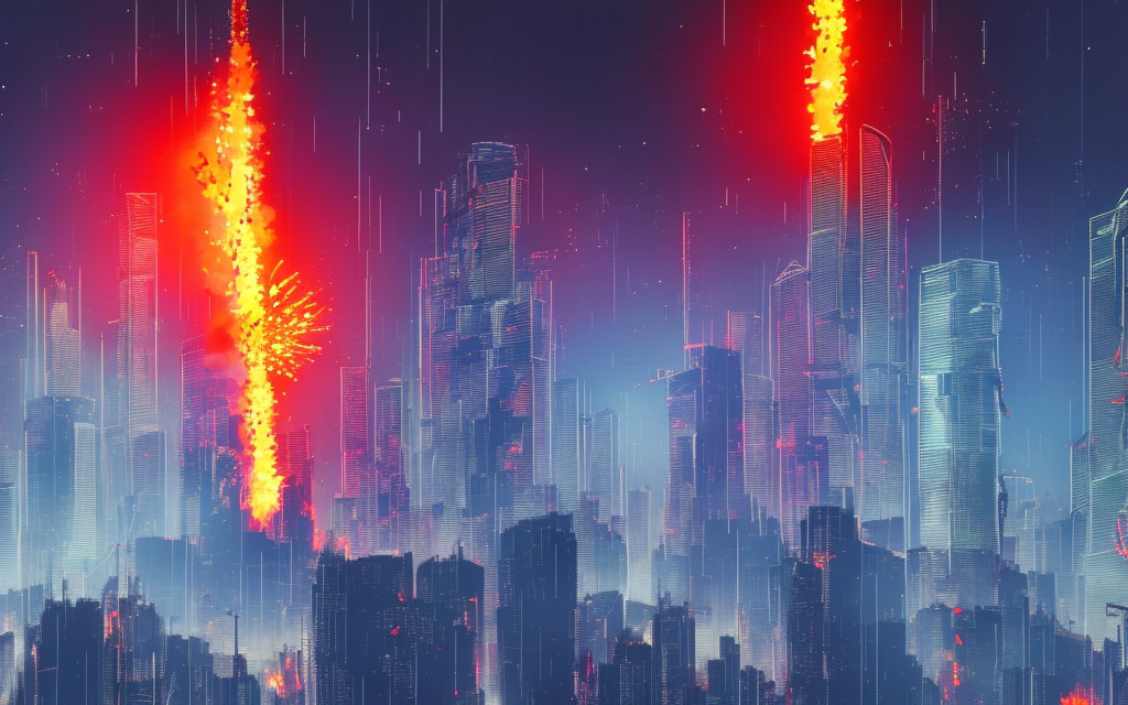 realistic large battle robot firing missiles into blade runner tower city on fire and exploding, neon japanese billboards, blue sky


