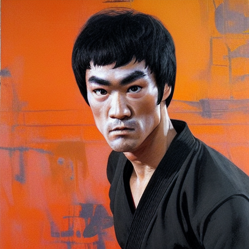 portrait of bruce lee in orange jump suit!!!!!!!!!!!!!!!!!!!!!!!!!!!, detailed face, detailed painting, epic lighting, by ilya repin, phil hale and kent williams