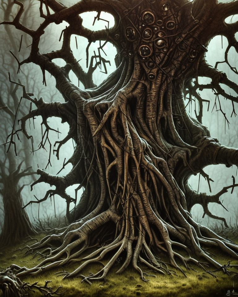 dark medieval, gnarled tree with twig figures hanging from branches, bare roots, hole in the ground, Warhammer fantasy, summer, trees, misty, overcast, Dark, creepy, grim-dark, gritty, Yuri Hill, hyperdetailed, realistic, illustration, high definition, 4K, oil on canvas