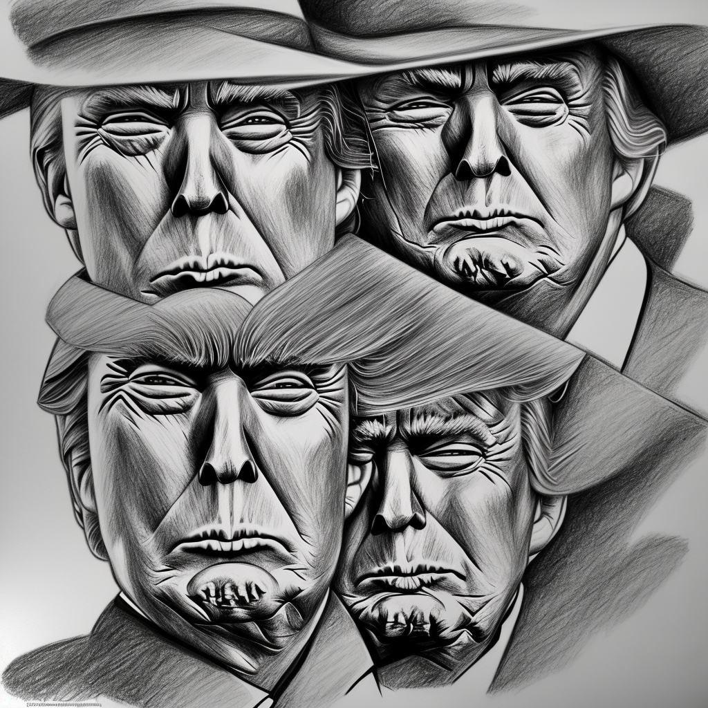 portrait pencil sketch, composition of donald trump and clint eastwood's character "blondy" from good bad and the ugly
