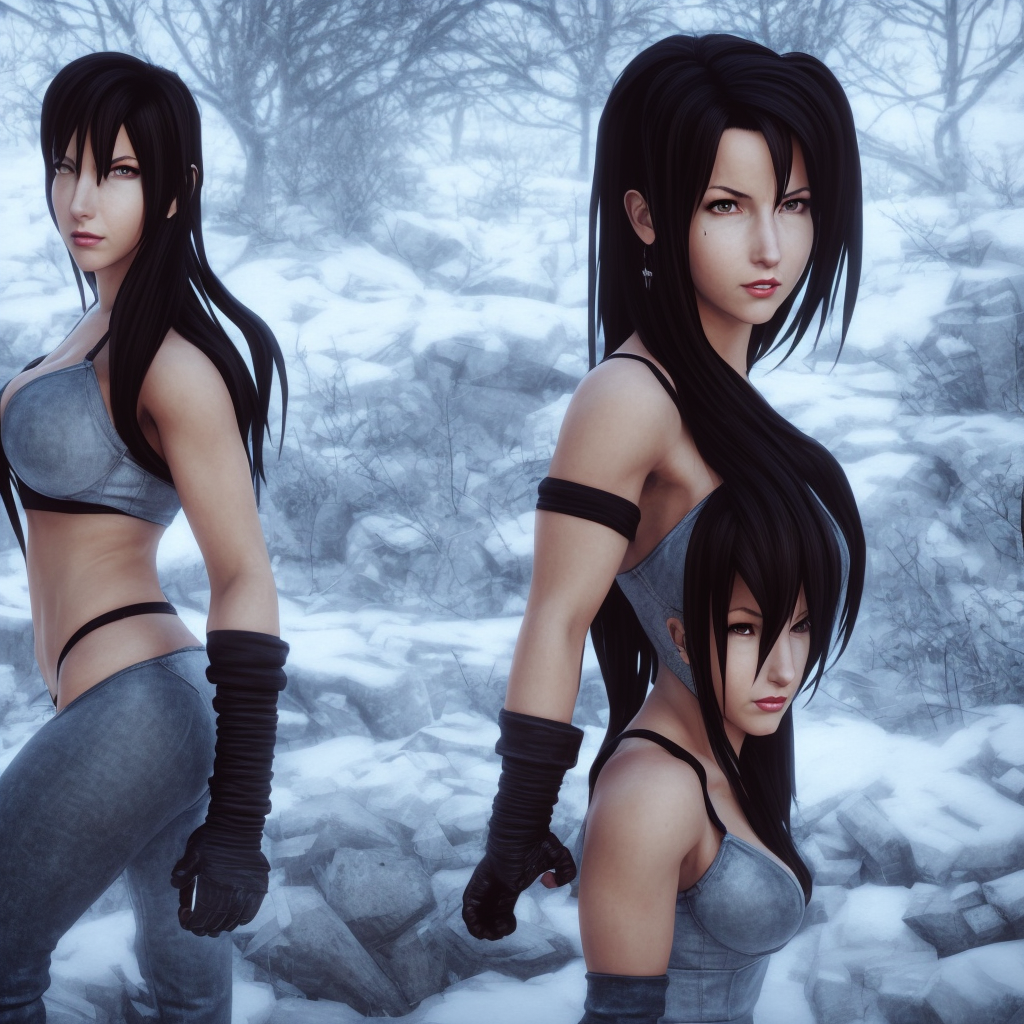 A comic book style portrait painting of a Tifa Lockheart in a winter landscape, unreal 5, DAZ, hyperrealistic, octane render, RPG portrait, ambient light, dynamic lighting