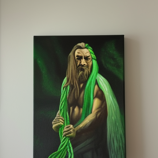 wizard wearing viridian rope in dark jungle oil, painting on canvas
