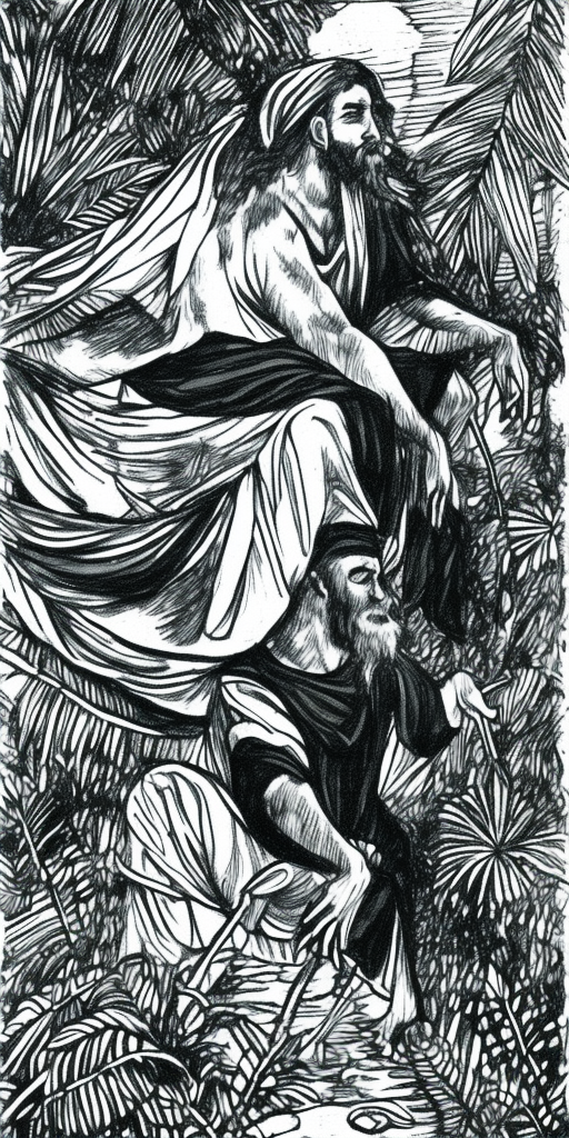 prophet wearing dark green standing on a fish in jungle boat dark black and white pencil illustration high quality
