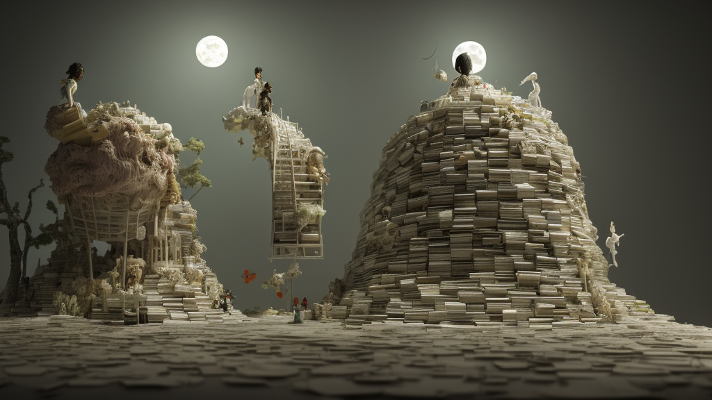 large full moon, figurines, stairways made of books, tilt shift, realistic physical, style of 3 d, occlusion, white clay, style of dave mckean and shuzo oshimi, full of color, octane render, cinematics, occlusion, transparency