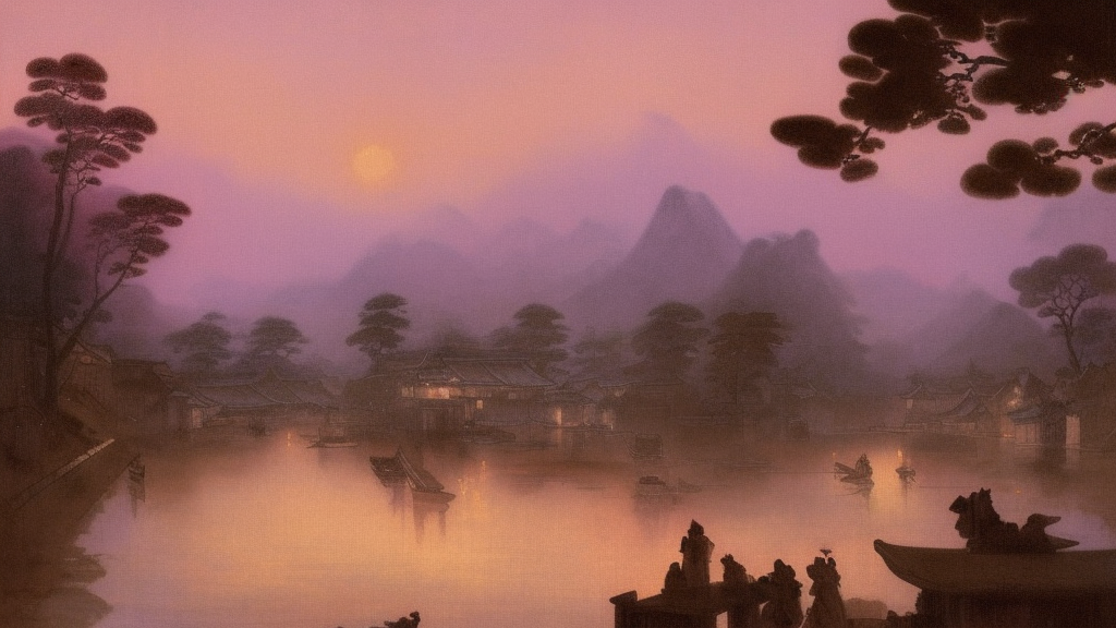 a beautiful painting of an ancient japanese town nearby a small river in the evening by alfons maria mucha and ivan aivazovsky, ultra detailed, volumetric lighting, pink vibe
