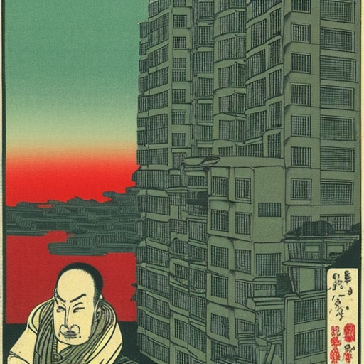 the stalker looks into the distance being on the roof of a Soviet high-rise building, the world around the stalker plunged into a post-apocalypse, monsters are flying in the distance Ukiyo-e Japanese woodblock