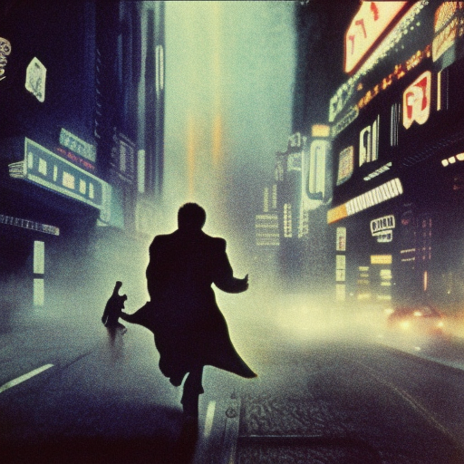 Blade runner chasing replicant, dark, scenic, urban, polaroid, 1 9 7 0 s