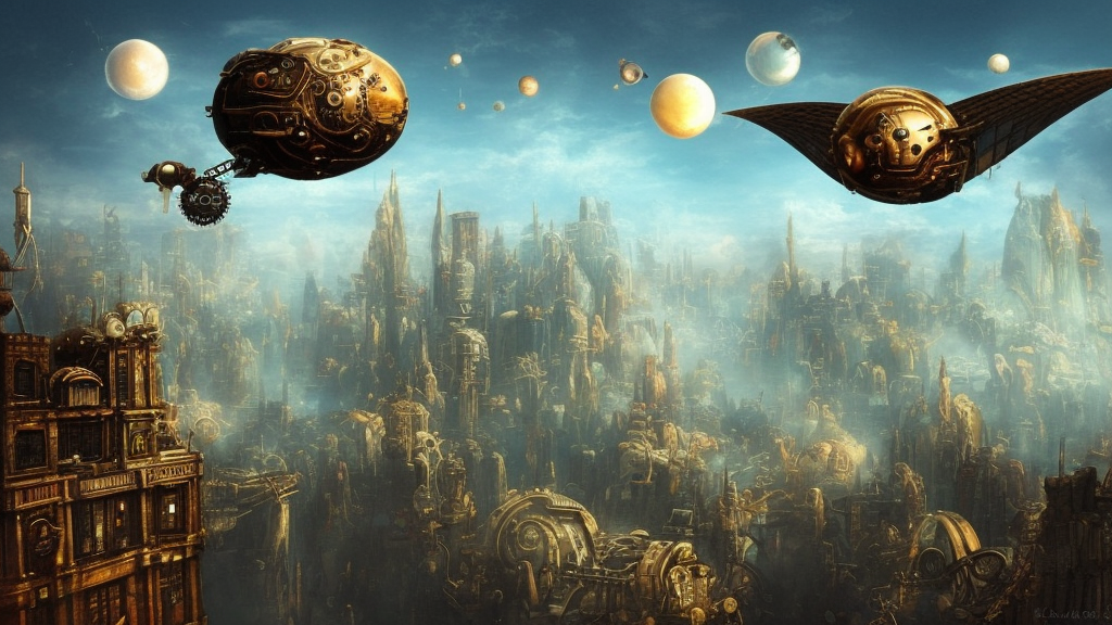flying city in a mechanical egg, sky, steampunk!!!, fantasy art, steampunk, masterpiece, unreal