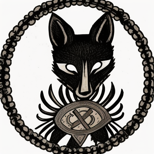 a one eyed black fox sitting in an epic saint pose with a shield and a spear in icon medieval style