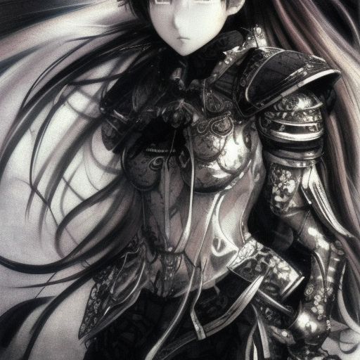 Yoshitaka Amano realistic illustration of an anime girl with black eyes, wavy white hair fluttering in the wind and cracks on her face wearing Elden ring armour with engraving, abstract black and white patterns on the background, noisy film grain effect, highly detailed, Renaissance oil painting, weird portrait angle, blurred lost edges, three quarter view