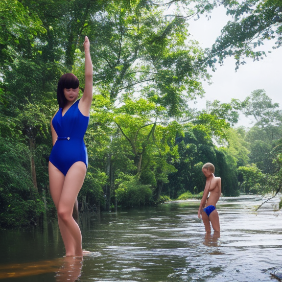 one single girl wearing a blue full body bathing suit wading, wading weight high water, standing in a narrow river, trees bent over the river, shady, ripples, looking at the camera, front facing, inviting look, atmospheric lighting. By Makoto Shinkai, Stanley Artgerm Lau, WLOP, Rossdraws, James Jean, Andrei Riabovitchev, Marc Simonetti, krenz cushart, Sakimichan, trending on ArtStation, digital art.