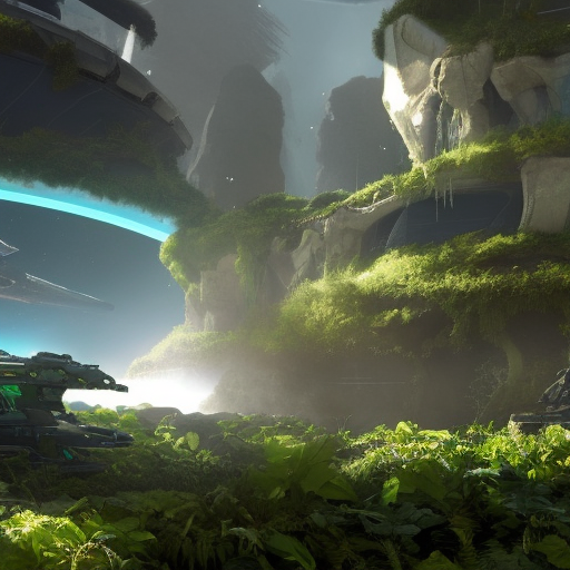 A Halo 3 multiplayer environment featuring crashed ship overgrown by vegetation, forerunner architecture, white lights, 8k, Unreal Engine render, highly detailed