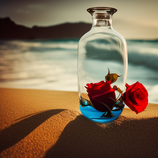 Red rose in a beautiful glasbottle on a beach, in the background blue See with great waves an a mystical Sunset with rays ultra-realistic portrait cinematic lighting 80mm lens, 8k, photography bokeh