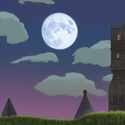 Castle Dark fantasy Aesthetic Red sky Large moon in the background 70's animation style