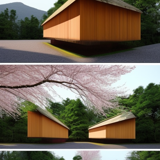 A minimalist Japanese style wooden house, designed in the style of Tadao Ando, set in a forest surrounded by cherry blossom trees. high resolution detailed