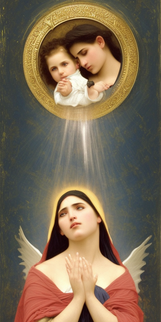 Painting of our Lady of Fatima. Art by William Adolphe Bouguereau,, Art by William Adolphe Bouguereau,, by Annie Swynnerton and Tino Rodriguez and Maxfield Parrish, elaborately costumed, rich color, dramatic cinematic lighting, extremely detailed, radiating atomic neon corals, concept art pascal blanche dramatic studio lighting 8k wide angle shallow depth of field, Art by William Adolphe Bouguereau, extreme detailed and hyperrealistic
